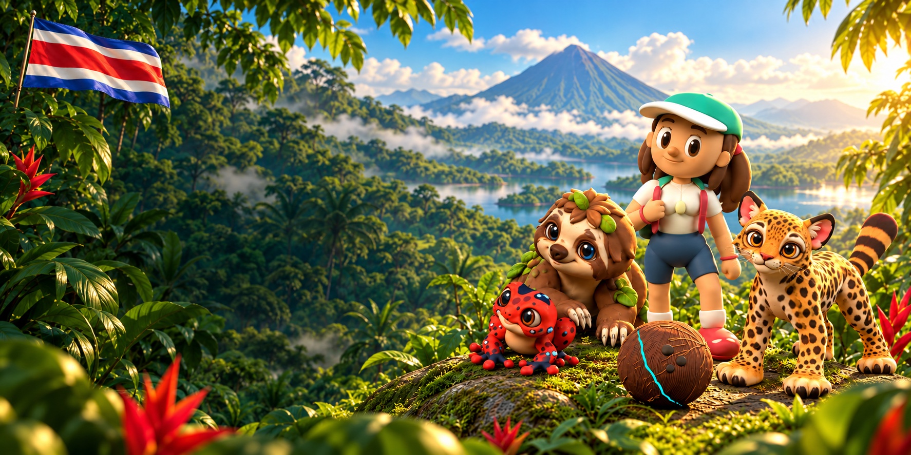Exploradora con un perezoso, una rana flecha, un jaguar y una Cocobola frente a un volcán de Costa Rica