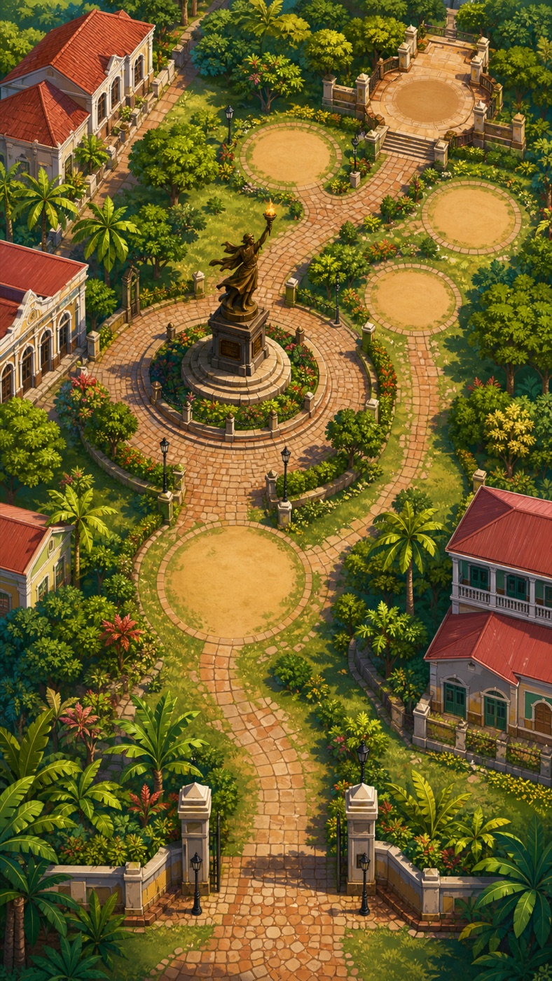 Una plaza costarricense entre jardines y edificios coloniales, escenario de Ticomón